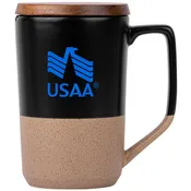 15oz. Tall Tapered Two-Tone Ceramic Coffee Mug with Wood Lid & Angled Handle