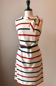 1960’s Red & Navy Striped Sheath Dress with Scarf Neckline and Fabric Belt, Size 8/10