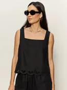 Almost There Scallop Hem Sleeveless Linen Top in Black