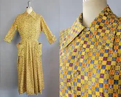 1950s Shirtwaist Dress / 1950s Hieroglyphic Check Print Multi-Color Shirtwaist Dress / 1950s Cotton Print Day Dress / Size Medium