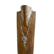 24" Silver Plating Clip Chain Necklace with Round Concho Pendant