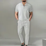 2025 New Men's POLO Shirt 2 Sets Casual Fashion Commercial Breathable Lapel, Pants pull rope Solid Color Men 2 sets