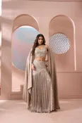 Champagne Radiance | Champagne Silver Pleated Georgette Cape Lehenga with Cutdana Chevron Work | Palkhi Fashion