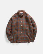 AMER EASTERN BUTTON DOWN SHIRT - RUSSET BROWN / CLEAR BLUE / GOLDENROD BELGIAN LINEN PLAID WITH WHITE HAND-EMBROIDERED DECO CHECK