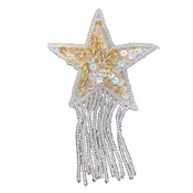 Star Appliqué with Fringe - Iridescent Beige Sequins - Glass Beads - Pre-Glued Backing 4" x 2.5"