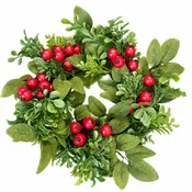 12" Mixed Boxwood Red Berry Candle Ring