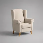 Fauteuil à oreilles en tissu écru avec pieds en bois, 75 × 82 × 105 cm