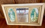 Antique Vtg  triple 3 Panel Glass Panel Buffet Mantle Mirror Wood  Frame gesso