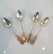 Antique 19th C American German Coin Silver Teaspoons Set Of 4 Fiddleback Design