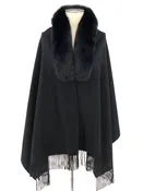 BLACK WOOL WITH FOX TRIM SHAWL