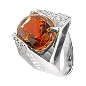 1970s Golden Orange Citrine Diamond White Gold Ring