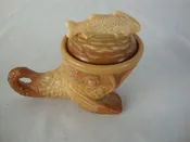 1982 Pisello Chocolate Slag Glass Dolphin with Fish Lidded Salt Trinket Dish