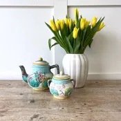 A Blackberry Basketweave Majolica Teapot & Sugar Bowl