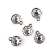 13mm Round Drop Charms with Crystal - Antique Brass Plated - 5 Pack