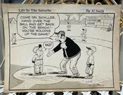 Al Smith Original Cartoon Drawing, "Life in the Suburbs," Children Playing Baseball — Sir Richards Antiques & Fine Art Center ~ Est. 1971