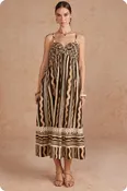 ABSTRACT WAVY STRIPE PRINT BRAIDED BODICE MIDI DRESS