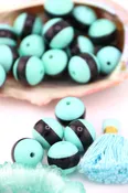 14mm Aqua Blue & Black Striped Italian Poly Resin Round Bead, 1 Piece