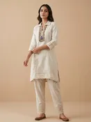 White Printed Cotton Blend Collar Neck Kurta Set