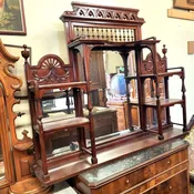 Dark finish wood furniture topper with beveled mirrors, fretwork and acanthus motif — Architectural Salvage