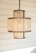 Round Double Layered Woven Fiber and Metal Pendant Light