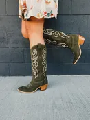 Artisan Embroidered Western Tall Boots - Olive