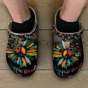 Black Hippie Soul Peace Sign Flower Crocs – Retro Festival Slip-On Shoes