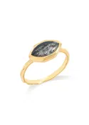 14K Gold Plated 925 Silver Marquise Black Rutilated Quartz Wave Band Ring