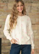 Cream Large Floral Long Sleeve Knit Cardigan