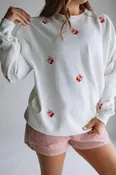 1897 Active Embroidered Cherries And Bows Fleece Sweatshirt for Women in Ivory | GT872-IVORY