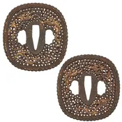 Original 18th Century Edo Period Japanese Perforated Round Iron Tsuba Cross Guard with Gilt Decorations - MARU GATA Shape
