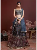 Navy Blue Silk Mirror Work Digital Printed Flowy Luxury Wedding Wear