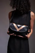 Chevron Shoulder Bag - Black / Gold / Silver