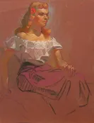 Blonde with flower in hair in red and white dress