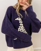 Animal Intarsia Knit Pullover in Navy