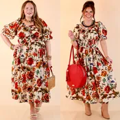 Autumn in the Air Puff Sleeve Smocked Waist Floral Print Tiered Midi Dress in Ivory Multi