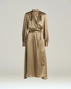 BEIGE GEOMETRIC-PATTERN SILK MIDI DRESS WITH BELT