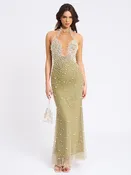 BBC Ginny Pear Green Pearl Embellished Backless Gown (Archive Sale)