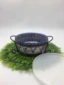 3 Pc Temptaions Old World Blue 8" Round Dish w/Lid & Wire Rack