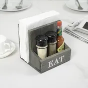 2 Compartment Gray Wood Napkin Holder Rack with Spice Shakers, Condiment Bin and Bold White Printed EAT Lettering