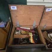 Lot 015 - Wooden Box Lot Grouping with Tools Including Hammer Abrasive Discs Punches and More