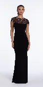 Beaded Illusion Cap Sleeve Jersey Column Dress