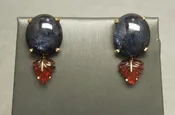 Ancient Roman Style Custom 14KT Gold 22.30TCW Star Sapphire &amp; Hand Carved Garnet Leaf Cocktail Earrings