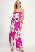 2pc set- floral strapless crop top & wide leg pants