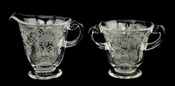 1935-59 Fostoria Corsage Clear Glass Creamer &amp; Open Sugar Etching 325 Vintage