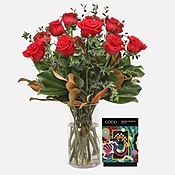 1-Dozen Elegant Roses + COCO Peppermint Drinking Chocolate