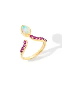 14K Gold Plated 925 Sterling Silver Pear-Cut Ethiopian Opal & Rhodolite Garnet Open Chevron Ring