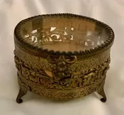 Brass Glass Jewelry Trinket Box Vintage Round Floral Ornate Hinged Legs
