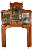 birch fireplace mantel high victorian with fluted corbels to round shelves & beveled mirrors — Architectural Antiques