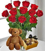 Dozen Roses w/ FREE Teddy Bear & Box of Chocolate