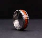 8mm Mens Wedding Band with Koa Wood Inlay and Damascus Steel Pattern Ring